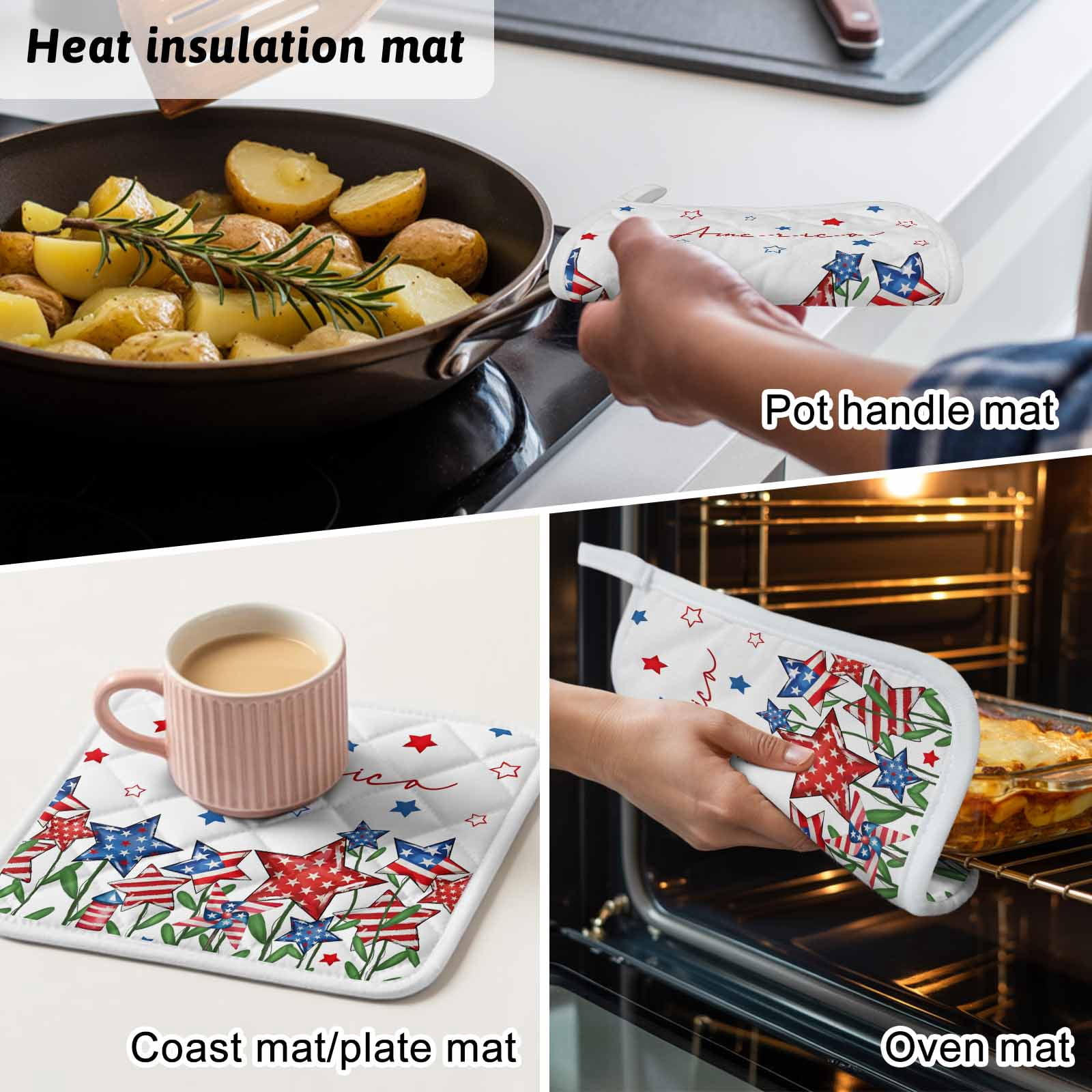 Independence Day Pot Holders for Kitchen Heatproof Potholder, 4 Pack 4th of July Red Blue Stars Patriotic Hot Pads Multipurpose Oven Pads Cloth Potholders Trivet for Cooking and Baking
