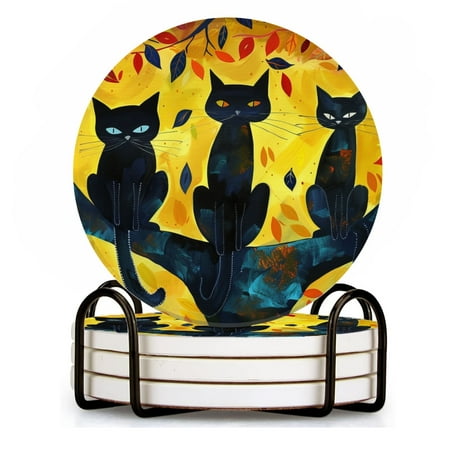 

Drink Coasters Set of 4 with Holder black cats sitting on tree branches with leaves in the background Water Absorbent Ceramic Coasters Tabletop Protection Suitable for Various Cup Home Decor