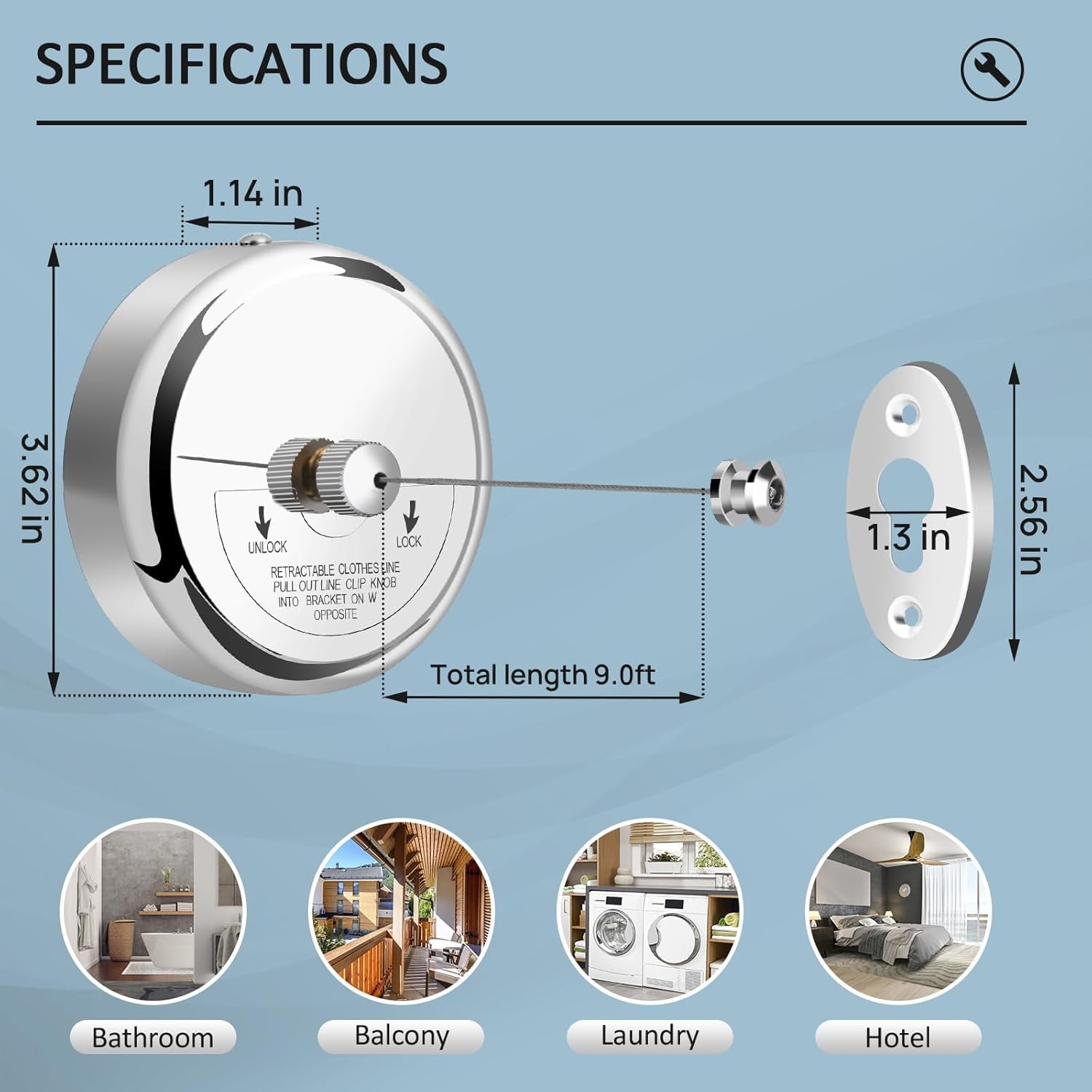 Retractable Clothesline - 304 Stainless Steel Retractable Clothesline Indoor with Adjustable Nylon Rope, Wall Mounted Retractable Laundry Line, Laundry Accessories