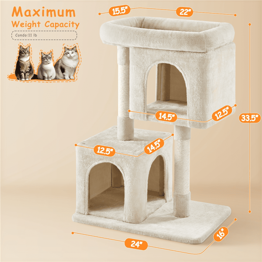 Alden Design 33.5"H Multilevel Plush Cat Tree with Scratching Posts Basket, Beige