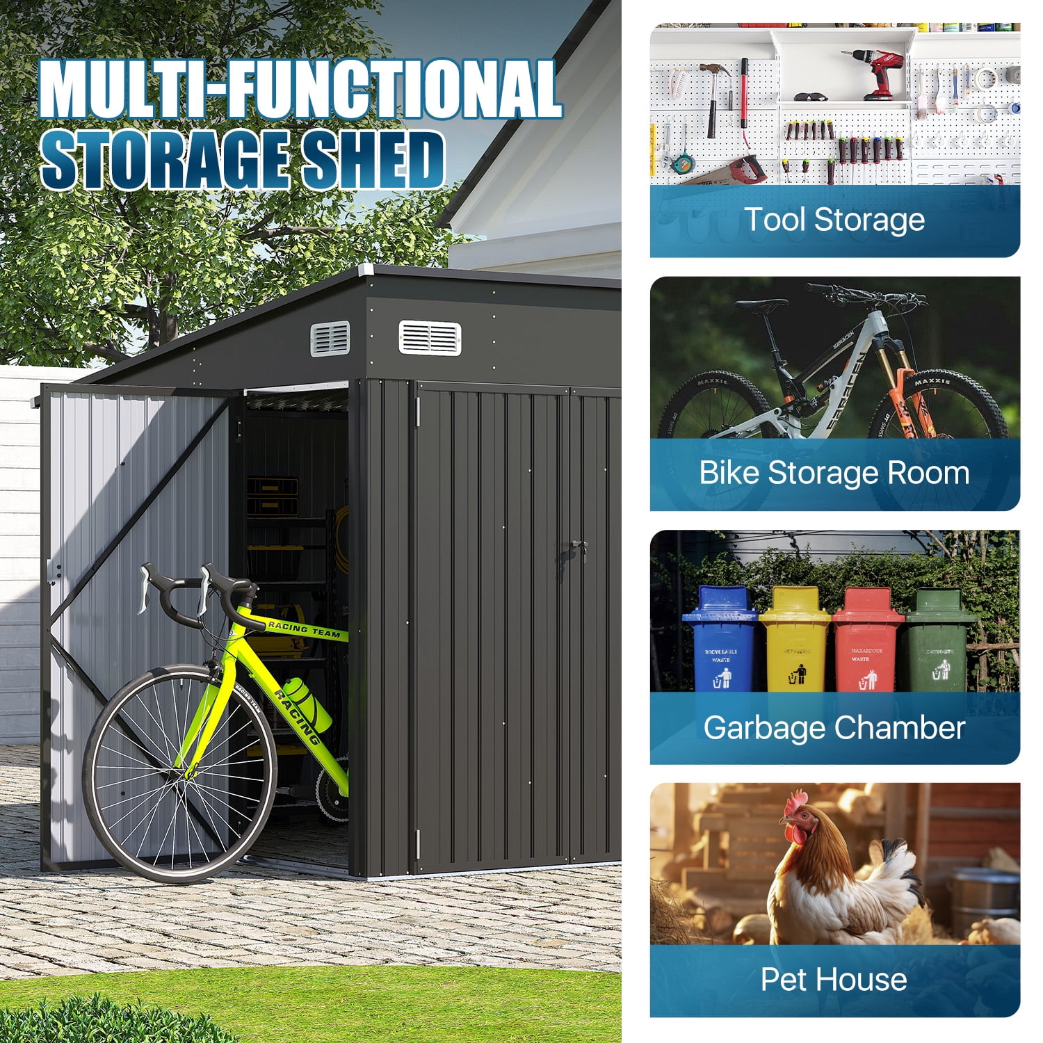 Sunmthink 12' x 8' Metal Storage Shed with Triple Doors, Lockable Lean-to Design & Vents, Black