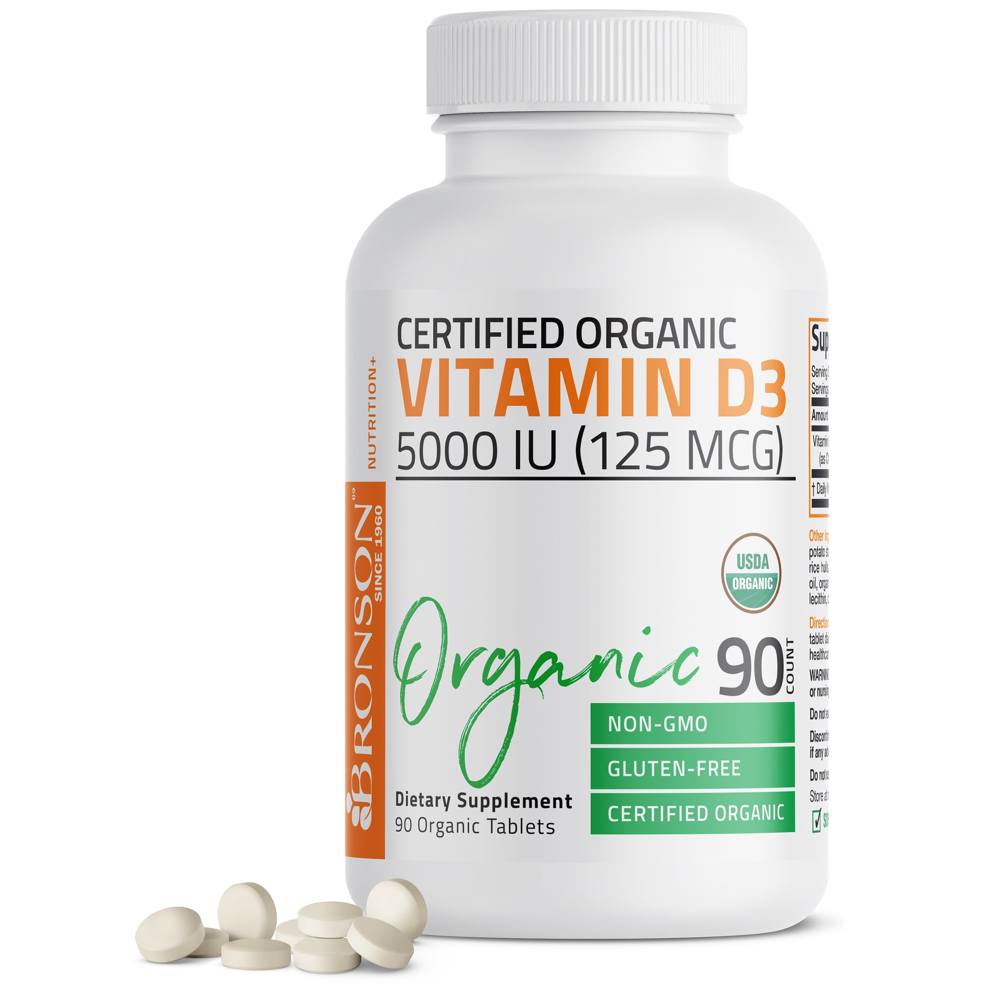Bronson Vitamin D3 5000 IU Bone Health and Immune Support, USDA Certified Organic, Non-GMO Gluten Free, 90 Tablets