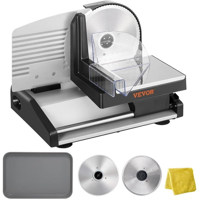 VEVOR Meat Slicer, 200W Electric Deli Food Meat Slicer with Two 7.5" Stainless Steel Removable Blade, 0-15mm Adjustable Thickness for Home Use, Child Lock Protection, Food Slicer for Meat Cheese Bread