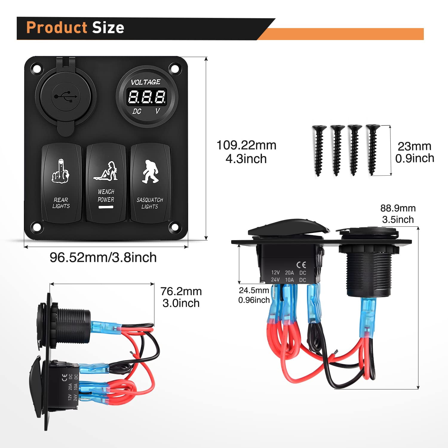 Waywe 3 Gang Rocker Switch Panel USB Charger LED Voltmeter Sasquatch Lights Wench Power Rear Lights Switch On Off Toggle Switch Panel for 12V Cars Trucks Boats