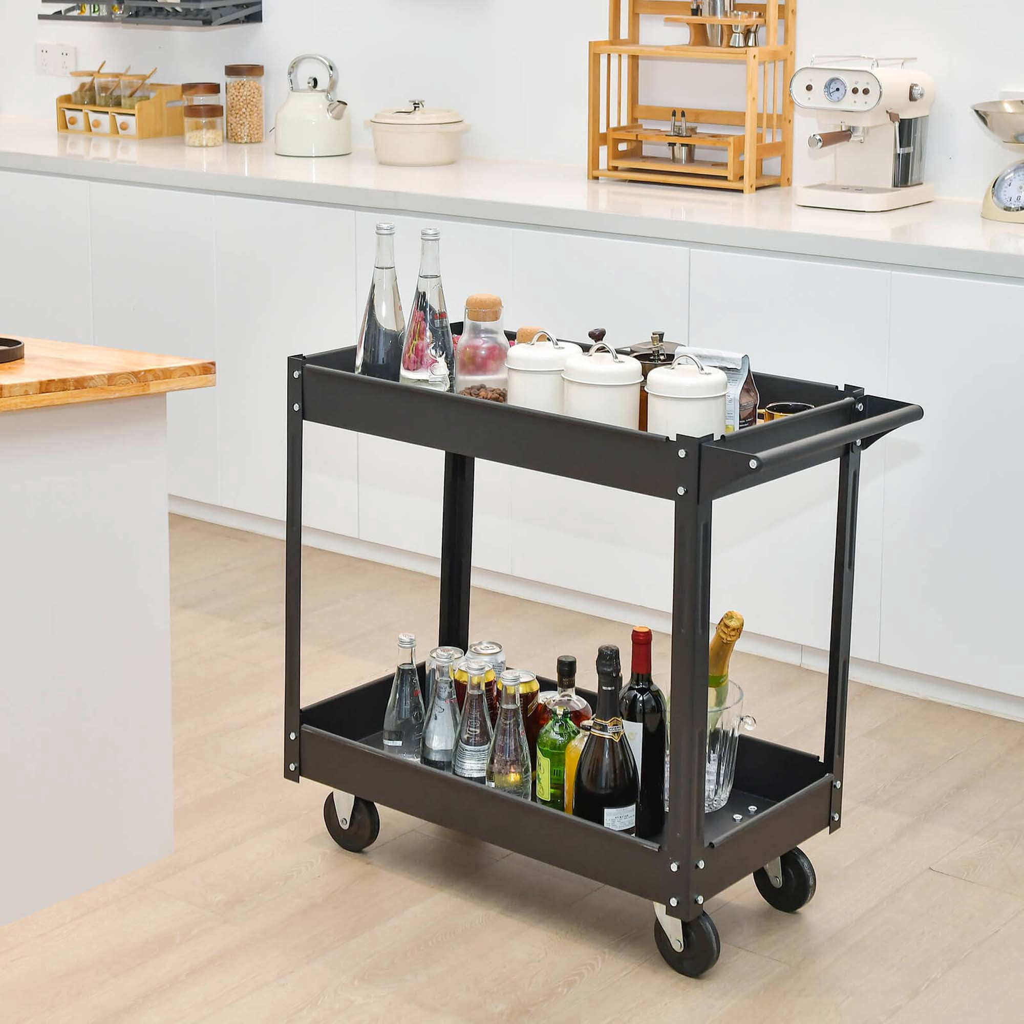 Costway 2-Tier Utility Cart Metal Service Cart Rolling Tool Storage Organizer with Handle Black