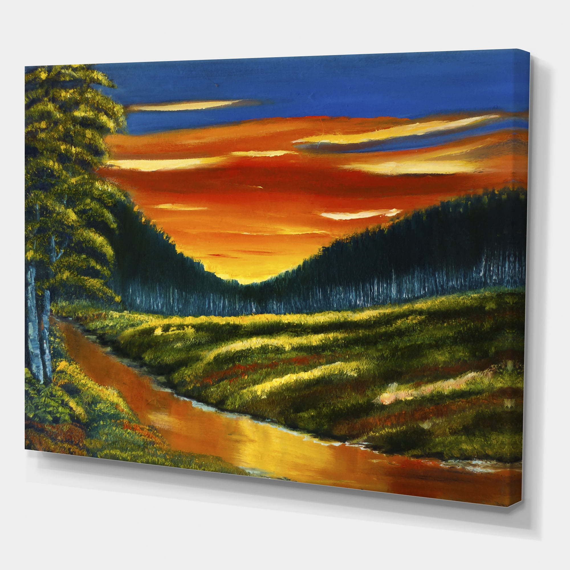 Designart ' Warm Coloured Sunset Glow Above The Lotus Swamp ' Traditional Canvas Wall Art Print