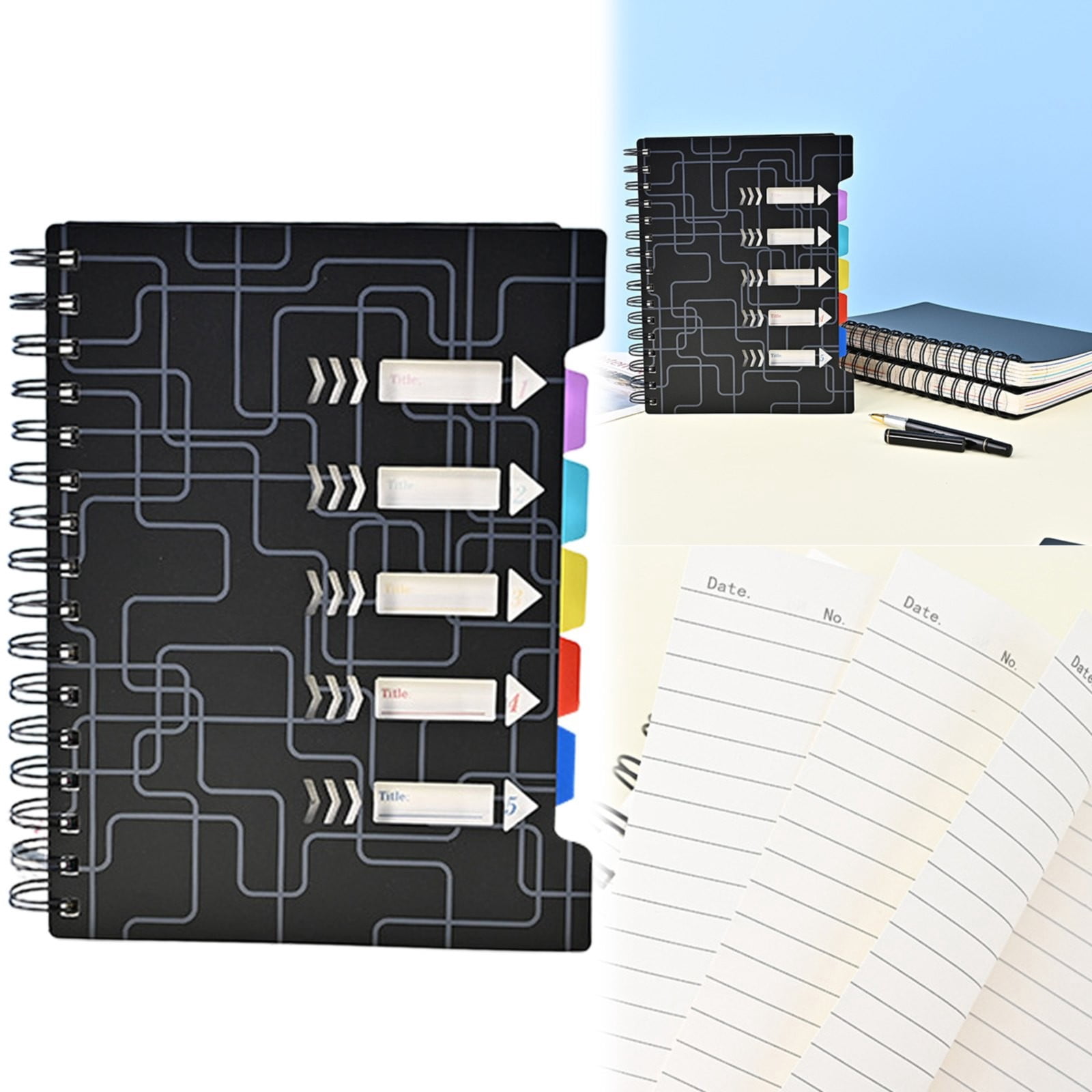VKLU 5 Subject Spiral Notebook A5, College Ruled Divider Journal with Removable Tabs, PP Hardcover Project Organizer for Office Meetings & Work, 300 Pages, Solid Black