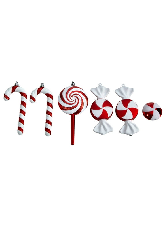 Nearly Natural 7" Holiday Assorted Polystyrene Christmas Candy Cane Deluxe Shatterproof Ornament, 6 Count