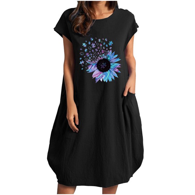 Vestido suelto informal de manga corta con bolsillo y cuello redondo con estampado del Día de la Independencia de algodón y lino de verano para mujer Fridja qw3552