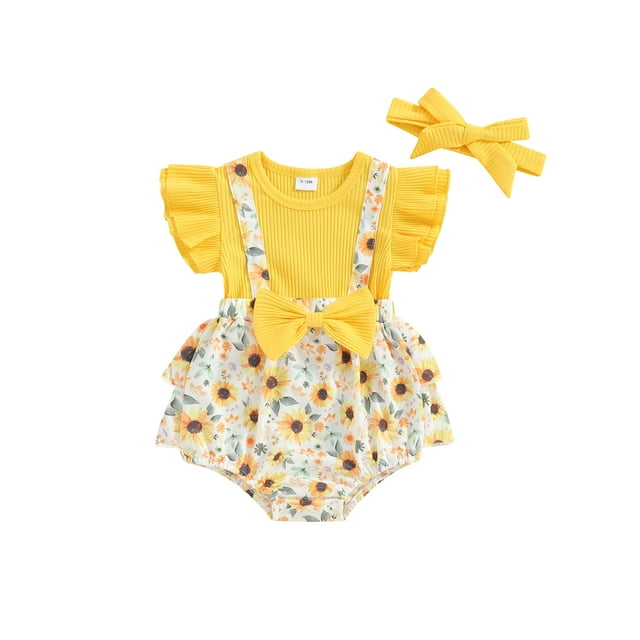 SUNSIOM Cutey Infant Girl 2 Piece Summer Set, Fly Sleeve Sunflower Print 3D Bow Fake Two-Piece Romper + Ribbed Headband Outfits