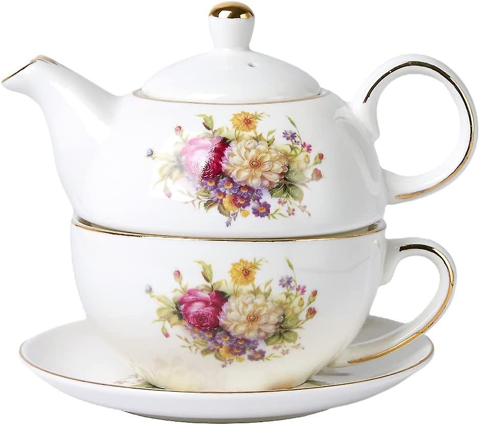 European Porcelain Tea For One, Vintage Floral Teapot And Saucer Set