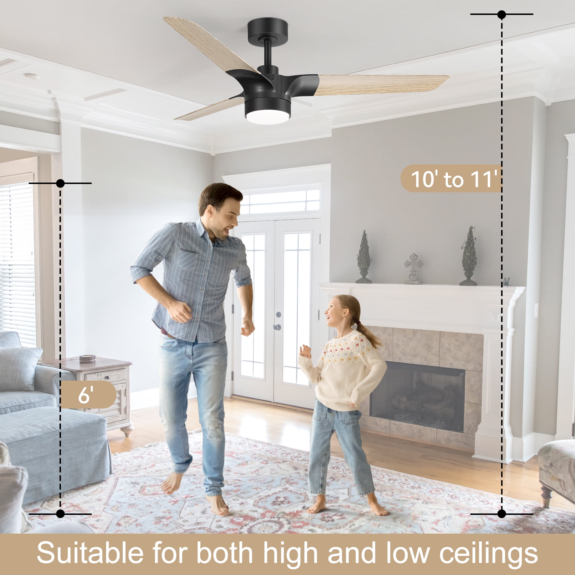 ALKAFY 52 inch Modern Ceiling Fan - 3-Blade Black/Wood Grain Fan Blades, DC Motor, LED Light & Remote