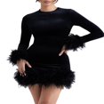 thumbnail image 2 of Femmes Plume Ourlet Mini Robe Manches Longues Hip Wrap Mini Robe Sexy Bodycon Cocktail Parti Mini Robe, 2 of 9