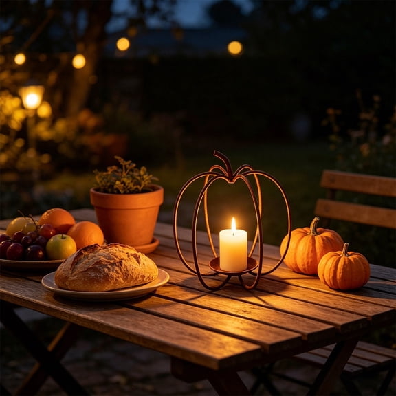 Pumpkin Candle Holder Metal Lantern Decor, Rustic Vintage Iron Tealight Votive Indoor Outdoor Tabletop Hanging for Home Garden Patio