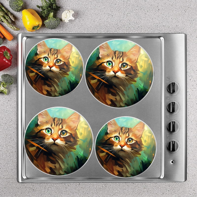 BaHomeck Electric Stove Burner Covers Set of 4,Round Metal Gas Stove Burner Covers 8 Inch and 10 Inch,Kitchen Decor,Brown And Black Tabby Cat With Green Eyes