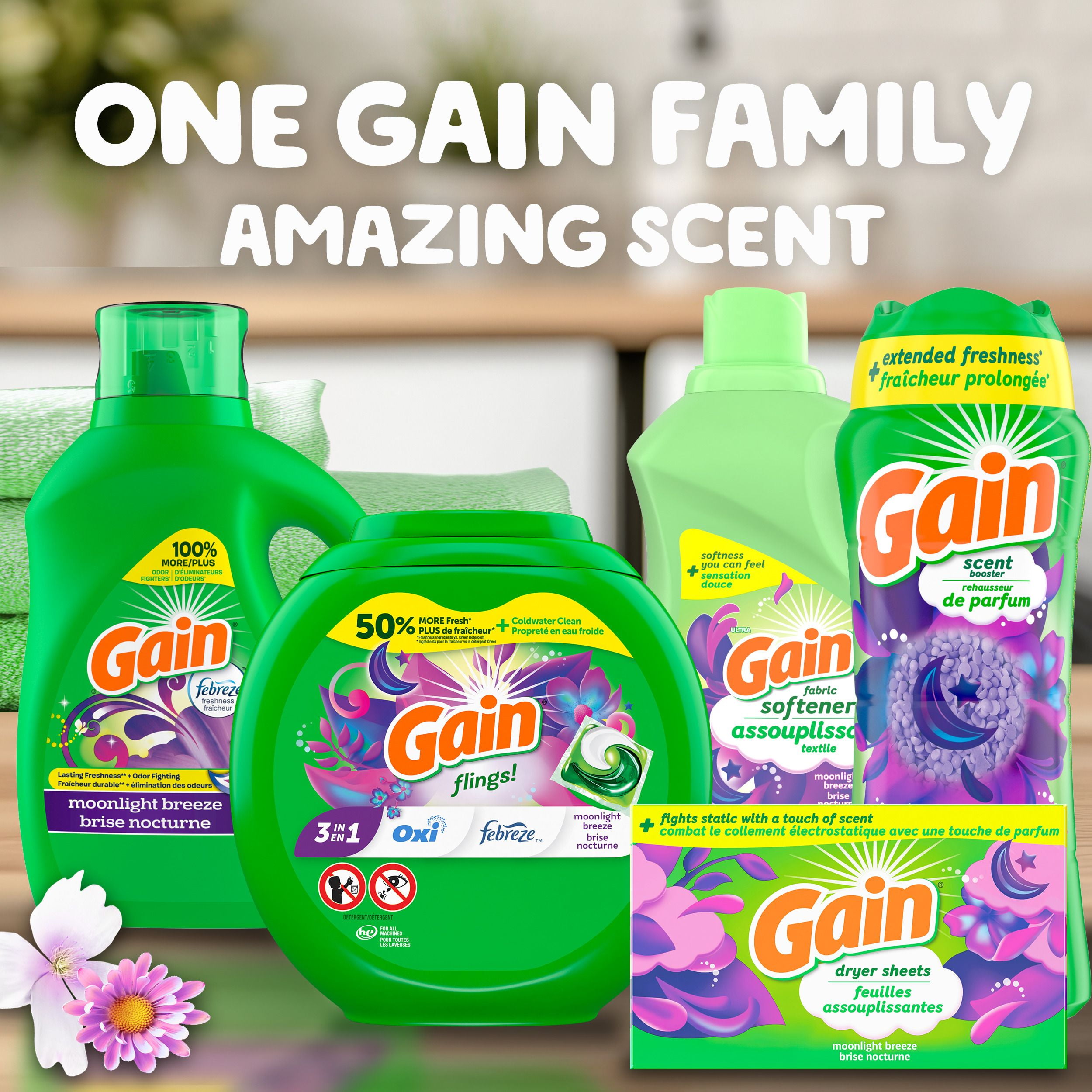 Feuilles assouplissantes Gain, combat le collement électrostatique avec un soupçon de parfum, feuilles pour la lessive, parfum Brise nocturne 200CT