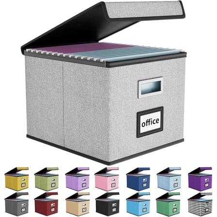 Upgraded Portable File Organizer Box with Lid, Collapsible Linen Hanging Filing Storage Boxes with Plastic Slides, Decorative Home/Office Filing System Box for File and Folders Storage (Gray)
