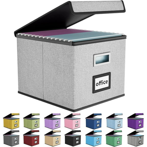 Upgraded Portable File Organizer Box with Lid, Collapsible Linen Hanging Filing Storage Boxes with Plastic Slides, Decorative Home/Office Filing System Box for File and Folders Storage (Gray)