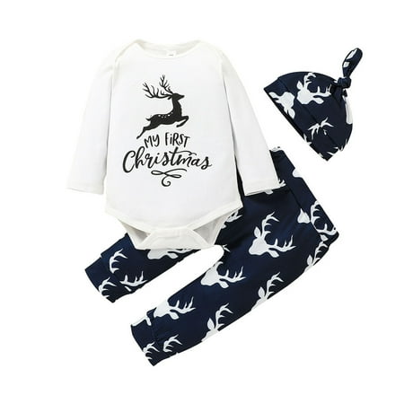 

EHTMSAK Newborn Infant Baby Toddler Girl Boy 3PCS Clothing Set Long Sleeve Outfits Bodysuit and Pants Set with Hat Navy 0-2Y 70