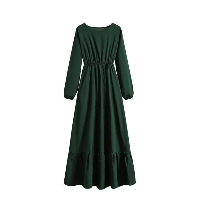 QIPOPIQ Femmes 2024 Robe Midi à Manches Longues, Col Ras du Cou, Taille Empire, à Volants, Smockée, Liquidation