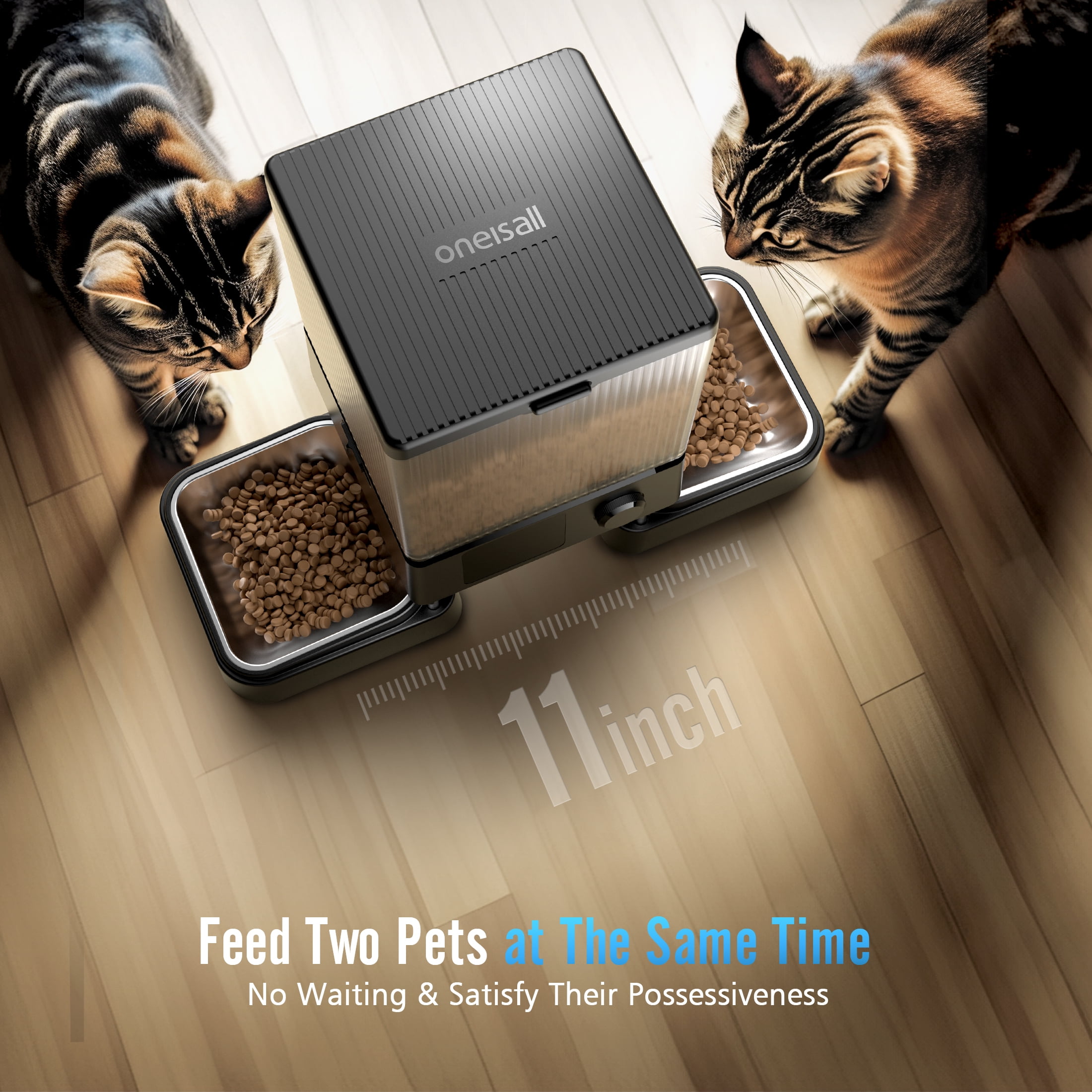 Oneisall 5L/20 Cups Automatic Cat Feeder with 5G WiFi & APP Control, PFD-002 PRO Double Bowl Cat Food Dispenser with 1 Desiccant Bag, Timed Automatic Pet Feeder for 2 Cats/2 Small Dogs - Black