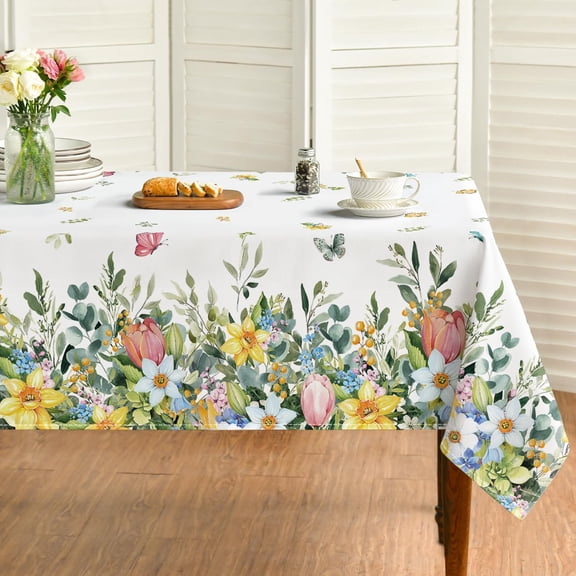 Spring Tablecloth 60×84 Inch Rectangular, Colorful Hydrangea Tulip Flower Butterfly Washable Seasonal Table Cover for Party Picnic Dinner Decor