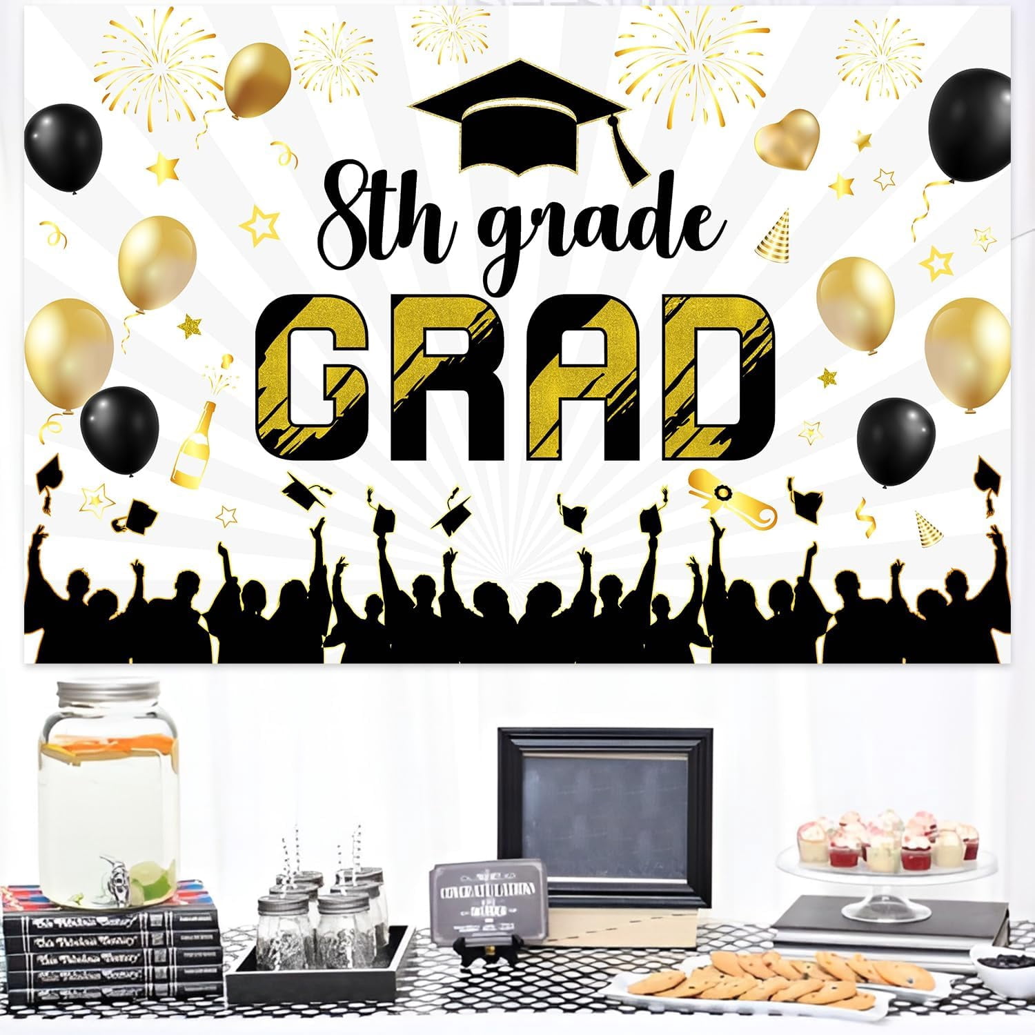 5 * 3ft 2024 Congrats Grad Graduation Backdrop 8th Grade Grad Graduation Photography Background Cloth Golden Black Glitter Printed Bachelor Cap Balloon Props Banner for Grad Congrats Prom Party Decor
