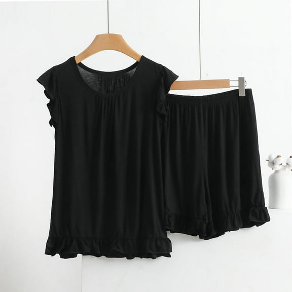 LLYWEY Spring Outfits for Women 2025 Summer Casual Loose Ruffle Sleeveless Tank Tops with Shorts 2 Piece Outfits Women’s Plus Size Pajamas Sets New-18 Black 7XL