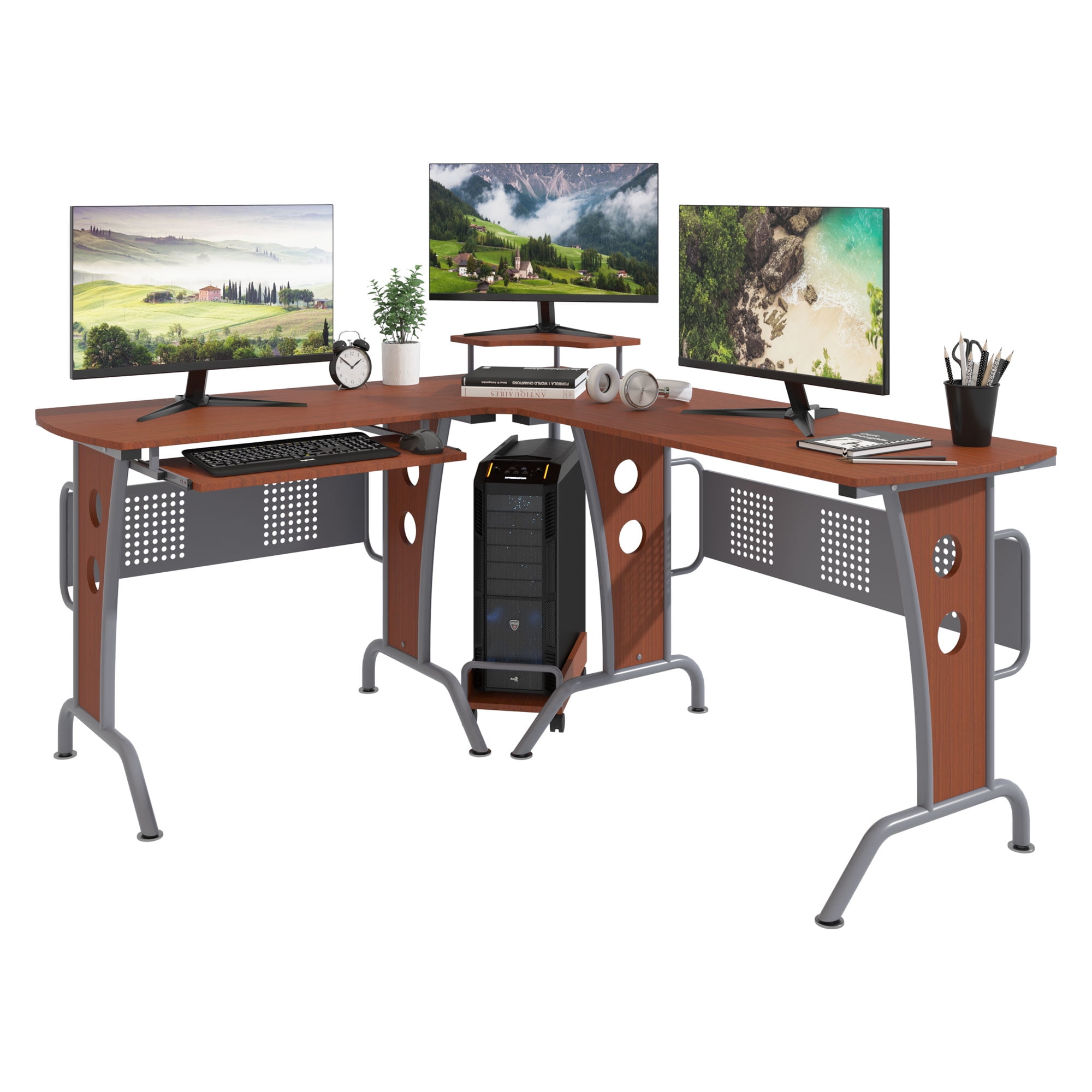 Black HOMCOM L-Shaped Corner Computer Office Desk PC Table Workstation E1 MDF with Keyboard Tray CPU Stand