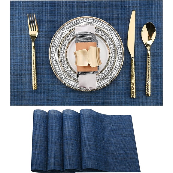 Navy Blue Vinyl Placemats Set of 4, 17 x 12 Inch PVC Polyester Woven Place Mats for Kitchen Dining Table and Daily Decor