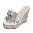 thumbnail image 6 of Rokment Womens Sparkly Metallic Beads Sequin Platform Wedge Dress Slides Sandals Bride Wedding Glitter Clear Ultra Chunky Slip on High Heels Summer Shoes Silver Size 6, 6 of 7