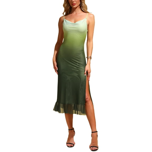 INSPIRE CHIC Summer Spaghetti Strap Maxi Dress for Women's Cowl Neck Stretchy Mesh Flowy Wedding Guest Dresses XS Green