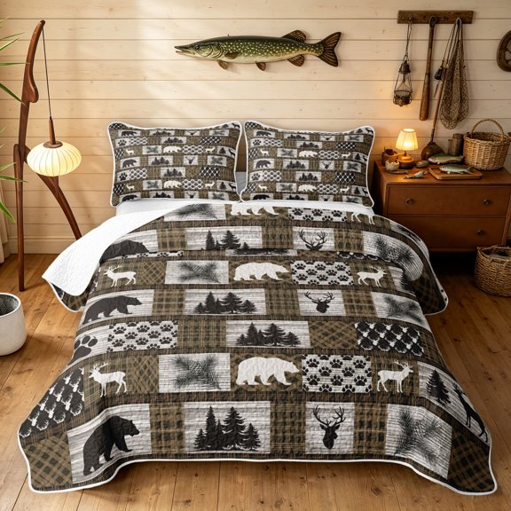 Manfei Boho Grizzly Bear Twin Quilt Set, Neutral Farmhouse Plaid Twin Coverlet Set, Brown White, Black Reversible, 2pcs, 1 Bedspread and 1 Pillowcase