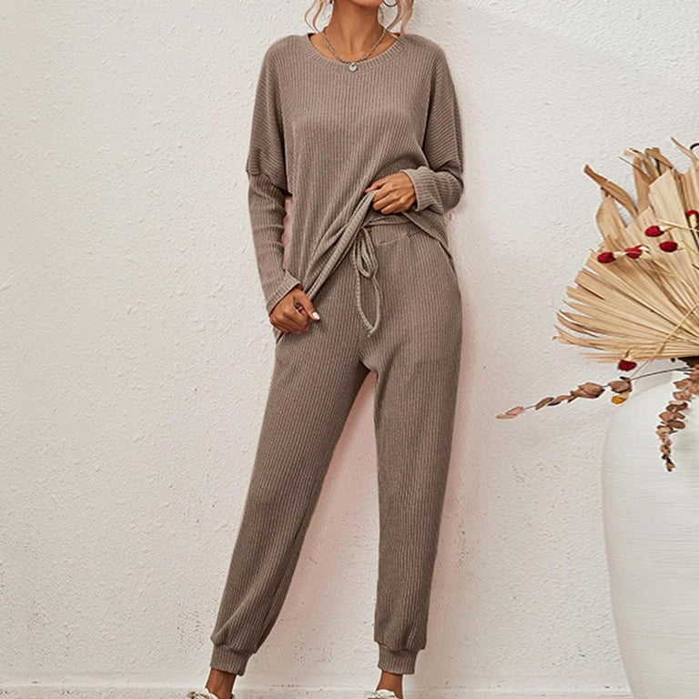 Stamzod Womens Loungewear Set Clearance 2 Piece Sets Loose Top Solid Color  Long Sleeve Stripe Texture Long Pants Round Neck With Pocket Large Size  Womens Sets 