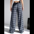 thumbnail image 4 of Pantalones Rectos con Estampado de Leopardo A Cuadros para Mujer, Cintura Elástica, Estilo Y2K, con Bolsillos. Cuadrícula Azul y XXL, 4 of 6