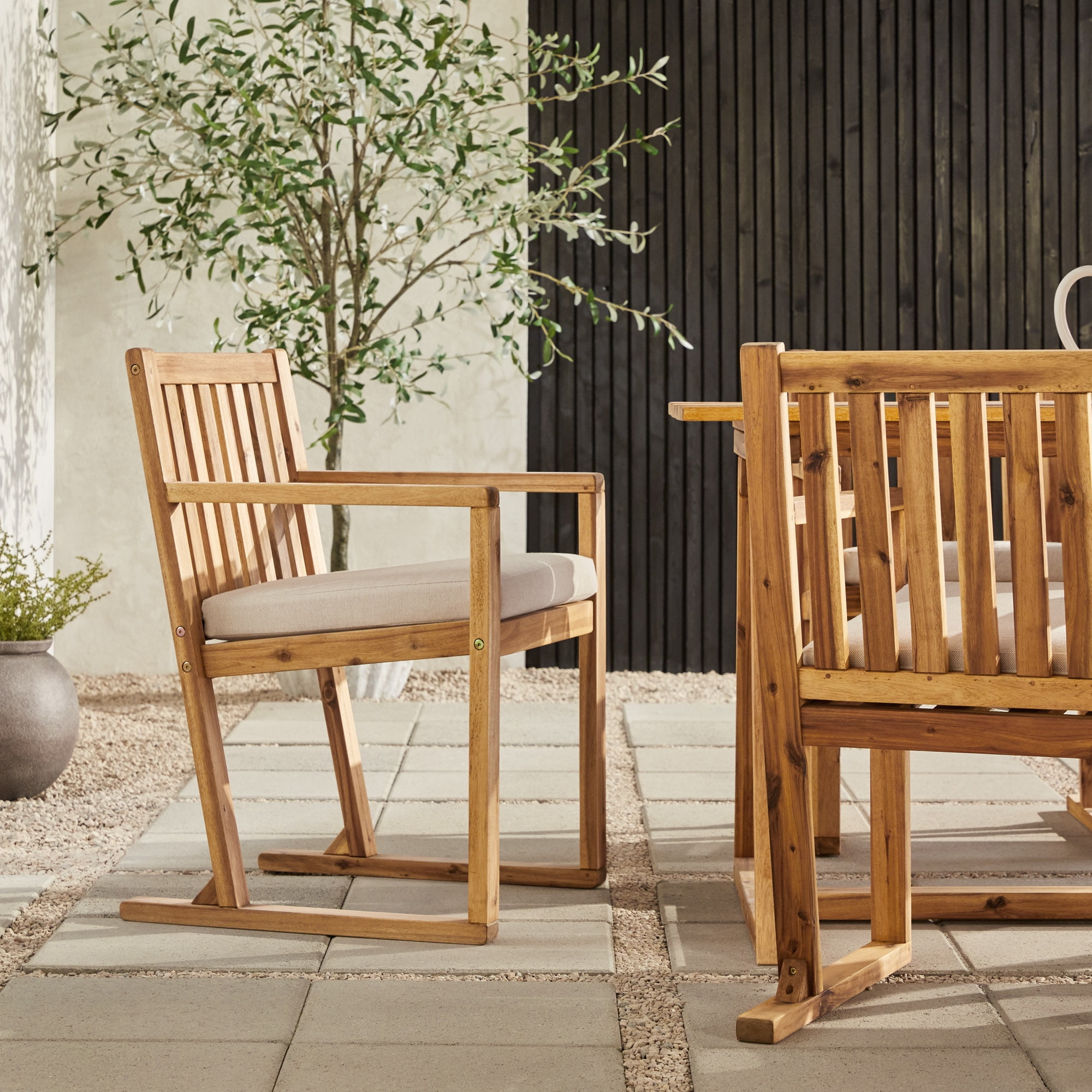Walker Edison Modern 7-Piece Solid Wood Outdoor Dining Set, Natural