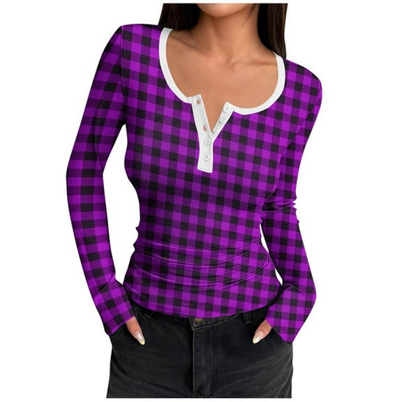 Womens Henley Shirt, Long Sleeve Shirts for Women Fashion Slimming Fit Plaid Printed Button Up Crewneck T-Shirts Fall Clothes