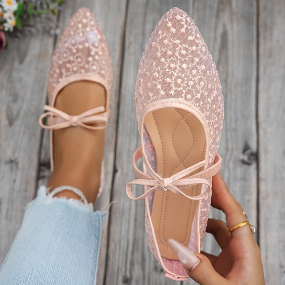DIVVce Lace Bow Pointed Toe Ballet Flats For Women Closed Slip On Comfort Casual Dress Footwear