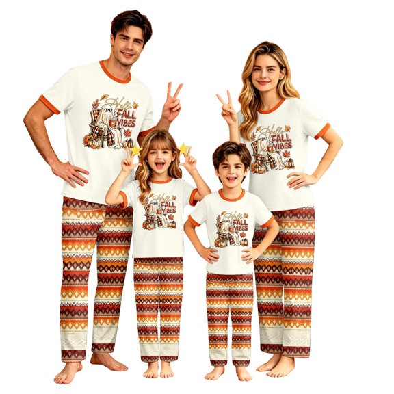 Onlypjs Family Halloween Pajamas Matching Sets, Ghost Print Sleepwear Set with Autumn Pattern Pants, Cozy Holiday Nightwear for Couples and Families