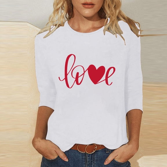 PiGOGI Ladies' 3/4 Sleeve Printed T-Shirt Round Neck - Plus Size Valentine's Day Loose Top White XL