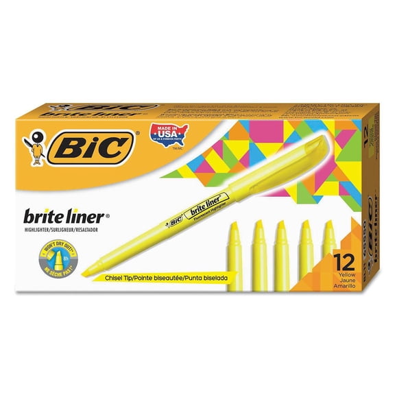 BIC Brite Liner Highlighter, Chisel Tip, Fluorescent Yellow, 12pk. -Pack of 2