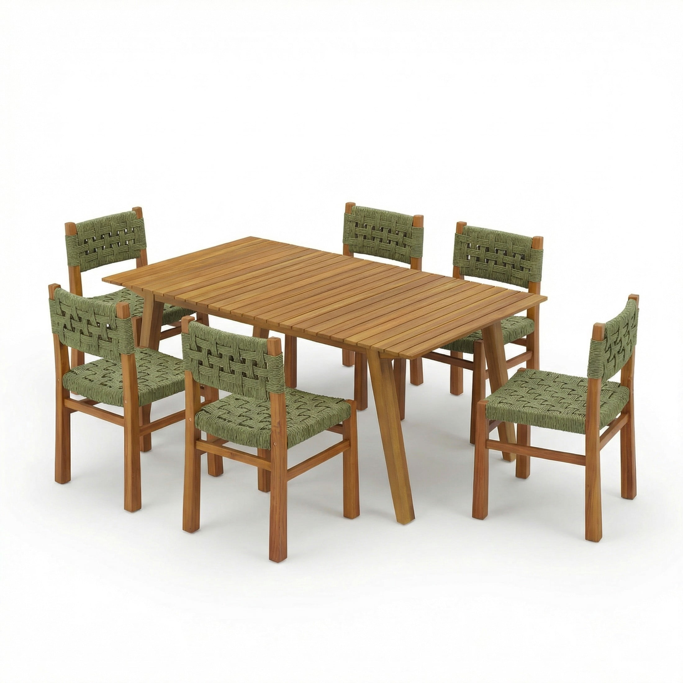 Christopher Knight Home 7-Piece Outdoor Wood Dining Set, 68.5" Teak Table and Green Wicker Chairs
