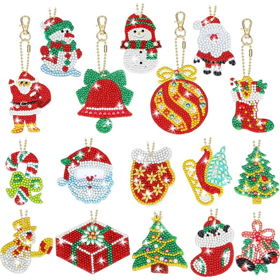 17 pcs Double Sided Diamond Art Christmas Ornaments Christmas Keychains Diamond Art Kit for Adult DIY 5d Painting Round Drill Key Chain Xmas Crystal Rhinestone Arts Craft Keychain Supplies