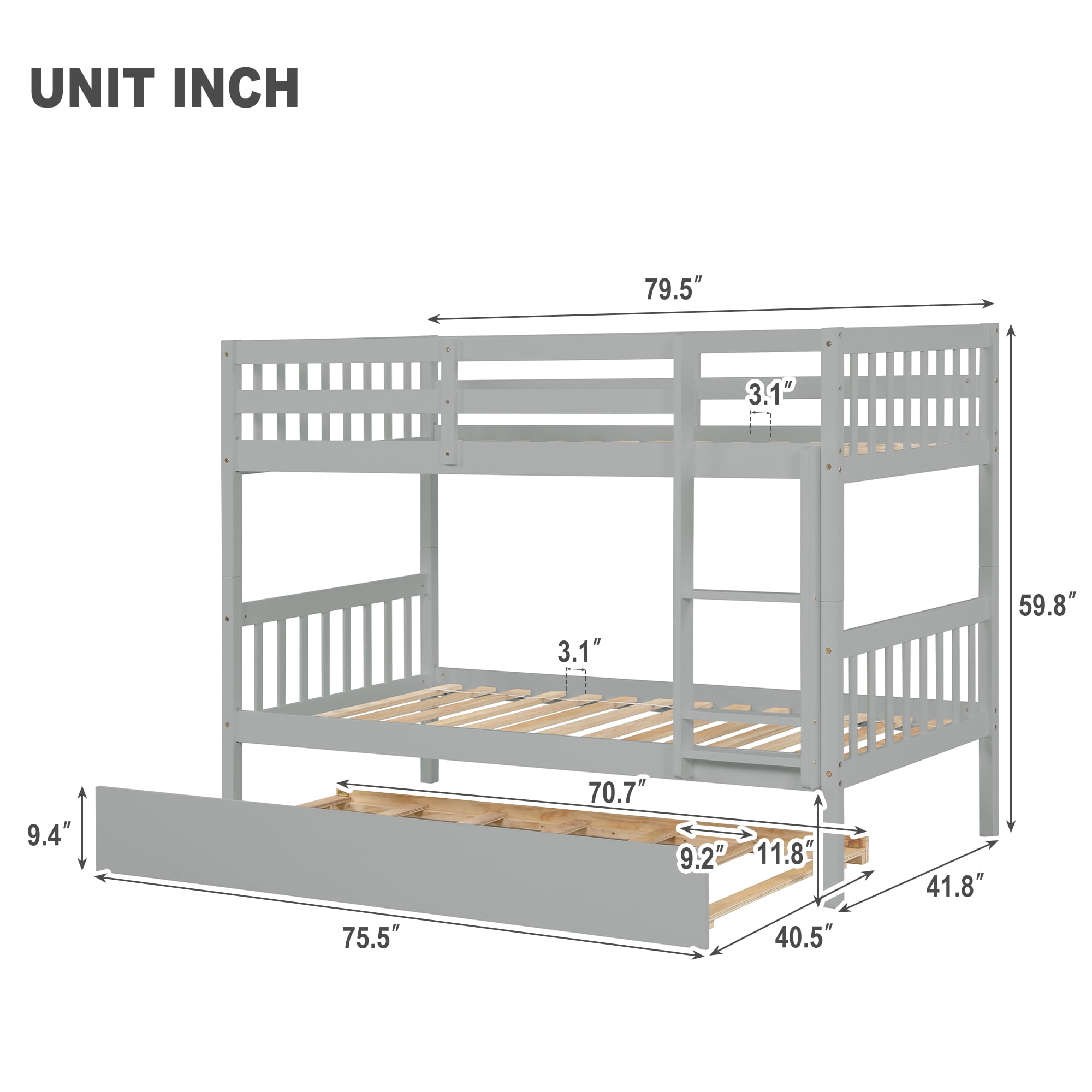 Aukfa Twin over Twin Bunk Bed with Trundle, Wooden Bunk Bed Frame for Kids - Gray