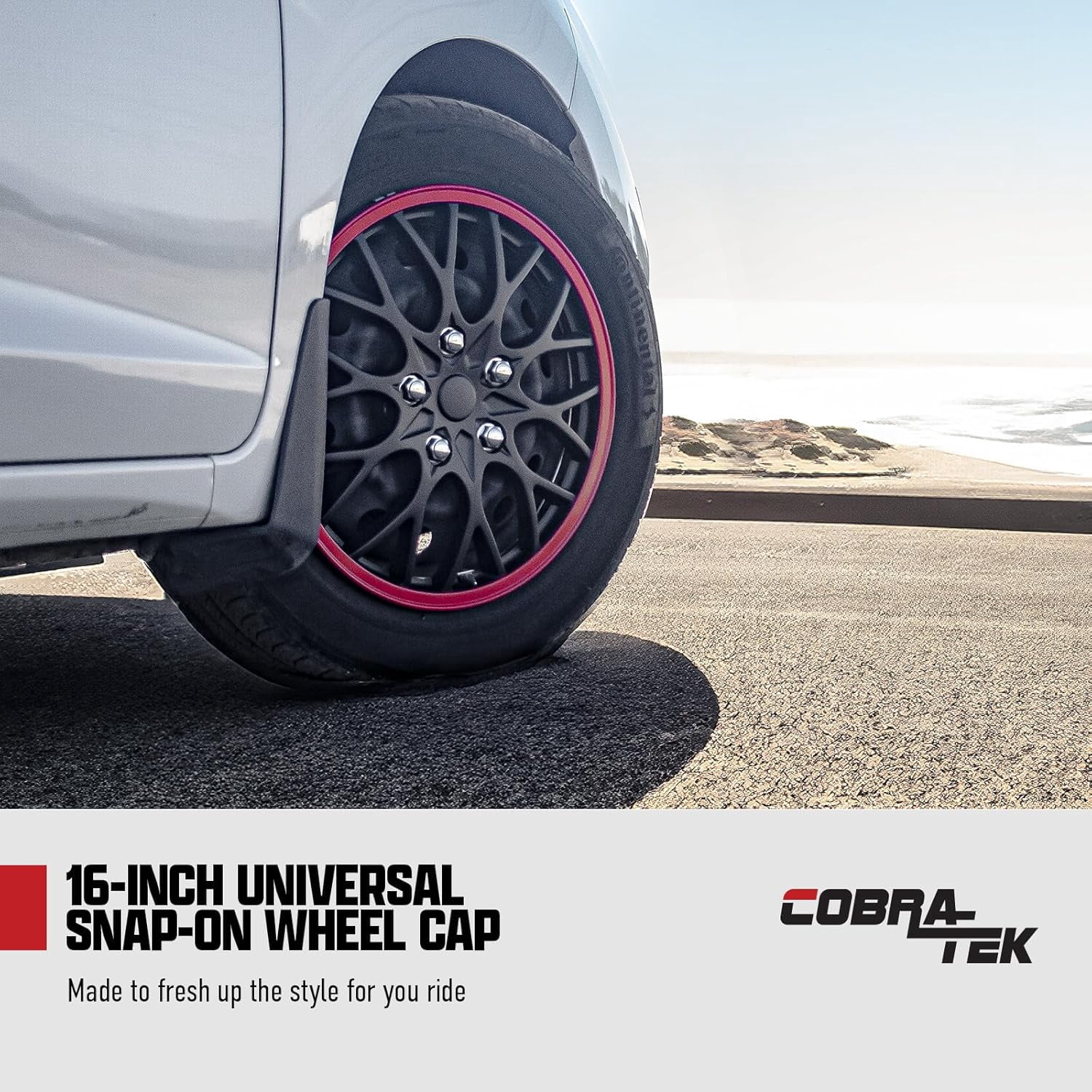 Cobra-Tek CBK-HP069-16-KR 4pc Set 15" 16" & 17" Hubcaps Wheel Cover Universal Fit Most Of Cars, Black Red, 16 Inches
