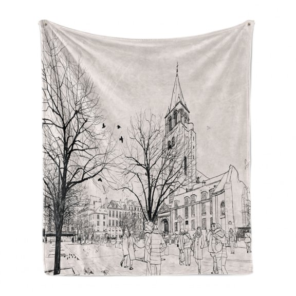 Paris Soft Flannel Fleece Throw Blanket, People Passing by St-Germain-des-Pres Area Medieval Europe Parisian Winter, Cozy Plush for Indoor and Outdoor Use, 70" x 90", Coconut and Black, by Ambesonne
