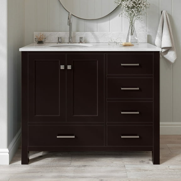 Ariel Cambridge 43 In. Left Offset Rectangle Single Sink Vanity With Carrara White Marble 0.75 In Countertop In Espresso