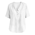 thumbnail image 4 of LIZUOJUN Women's Mid sleeve T-shirt Casual Button Down Washed Cotton LinenMiddle Length Sleeve Tops Casual Button Round Neck Loose Summer Top T Shirt,White L, 4 of 6