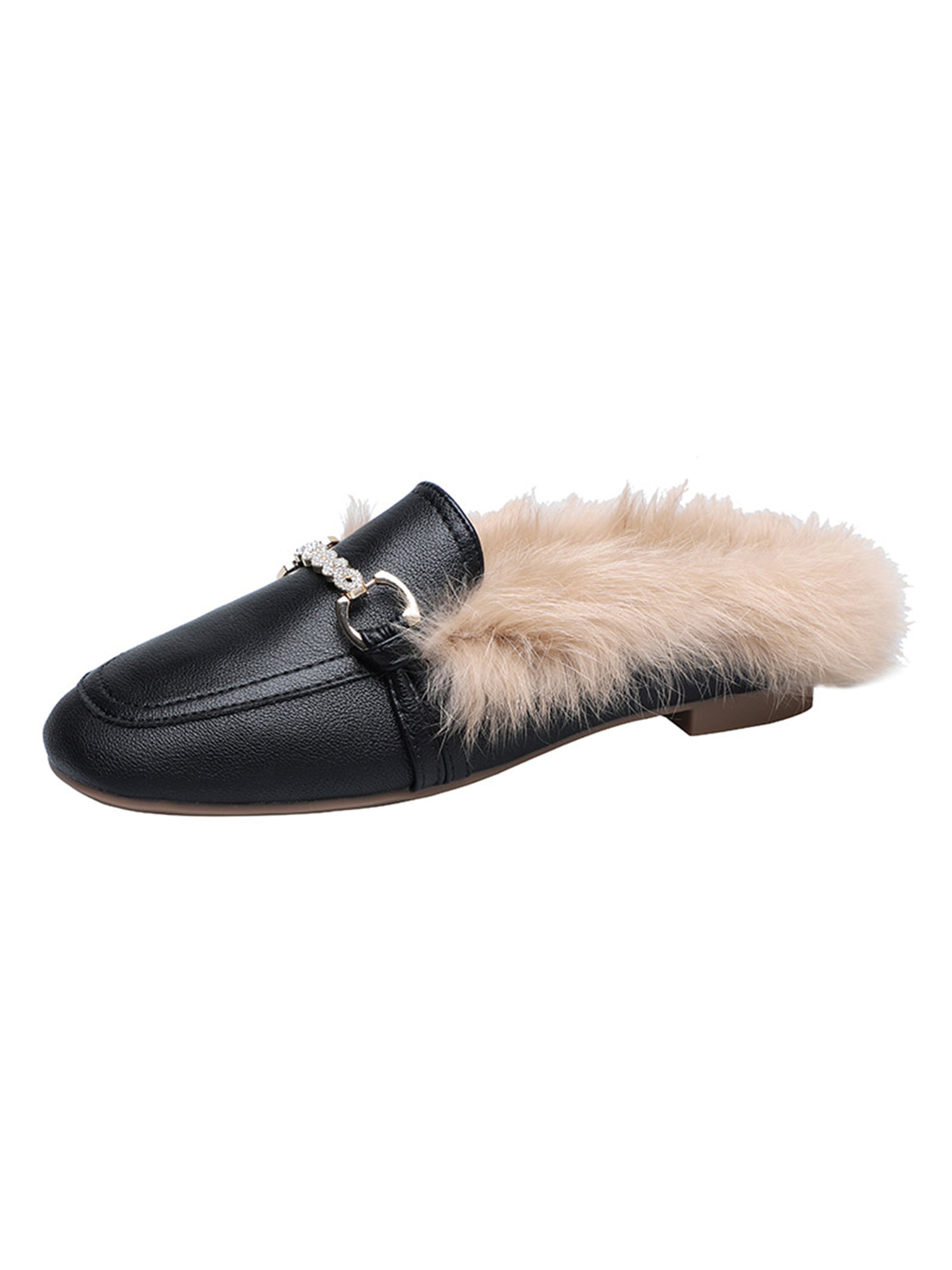 Ladies Womens Slip On Backless Faux Fur Mule Slippes with Star Design 