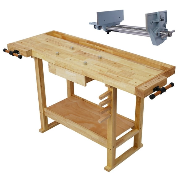 , 55-Inch Wood Workbench - Wooden Workbench for Garage Workshop and Home, with Rapid Action Woodworking Vise 10.5 Inch Jaw Width Made with Heavy-Duty Cast Iron , GRAY COLOR, Natural ,Rubber Wood ,